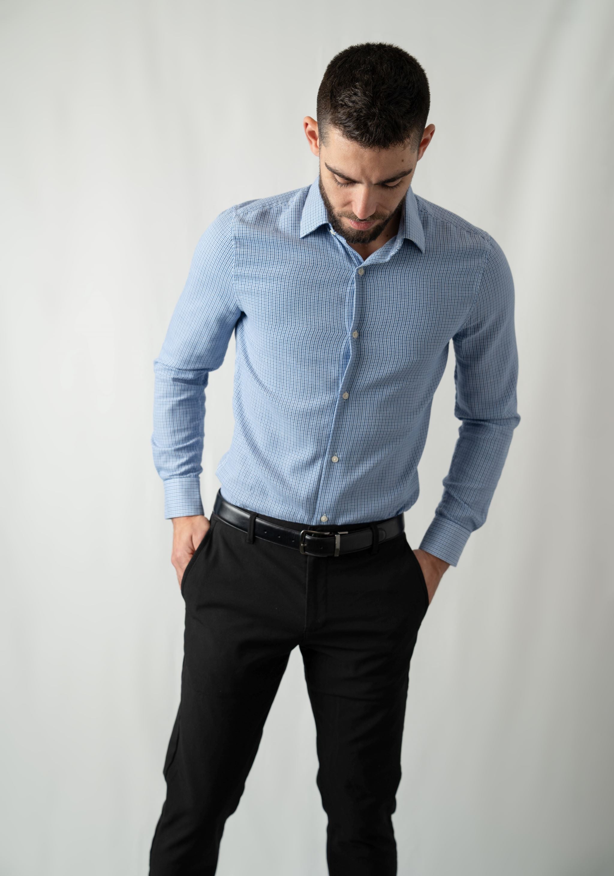 NF04-2 Blue/White Squared Texture Button-Down Dress Shirt NF04-2 Blue/White Squared Texture Button-Down Dress Shirt
