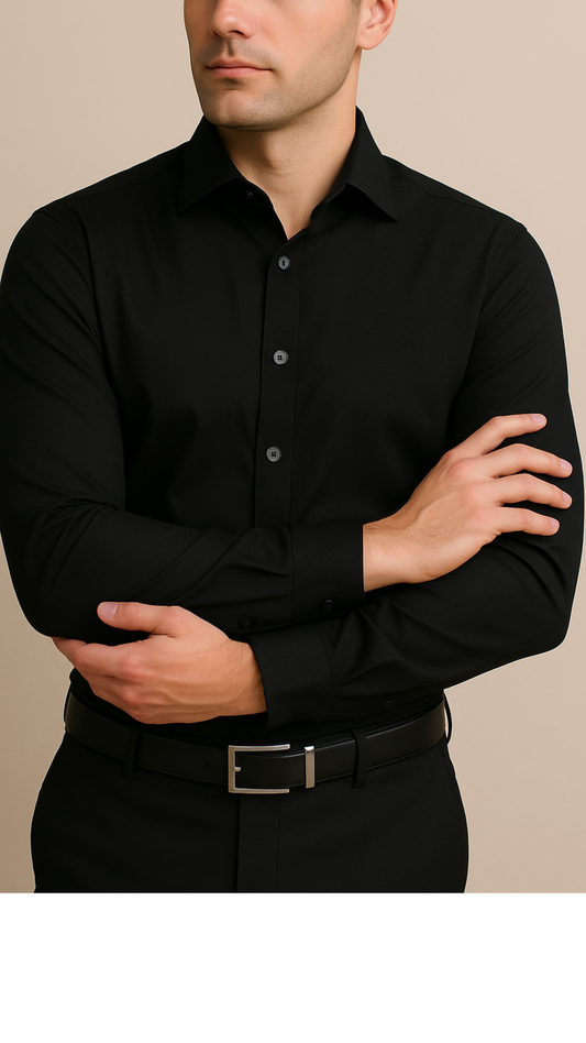 Black Solid Stretch Cotton - Custom Tailored Dress Shirt