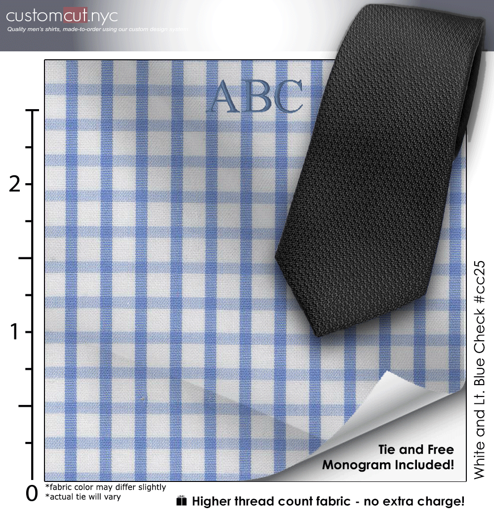 Tie Set, White and Lt. Blue Check #cc25, 100% Cotton Men's Monogrammed Custom Dress Shirt