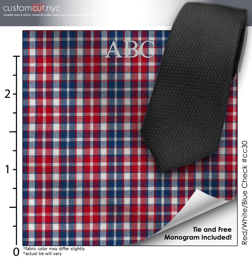 Tie Set, Red/White/Blue Check #cc30, 100% Cotton Men's Monogrammed Custom Dress Shirt. Blue