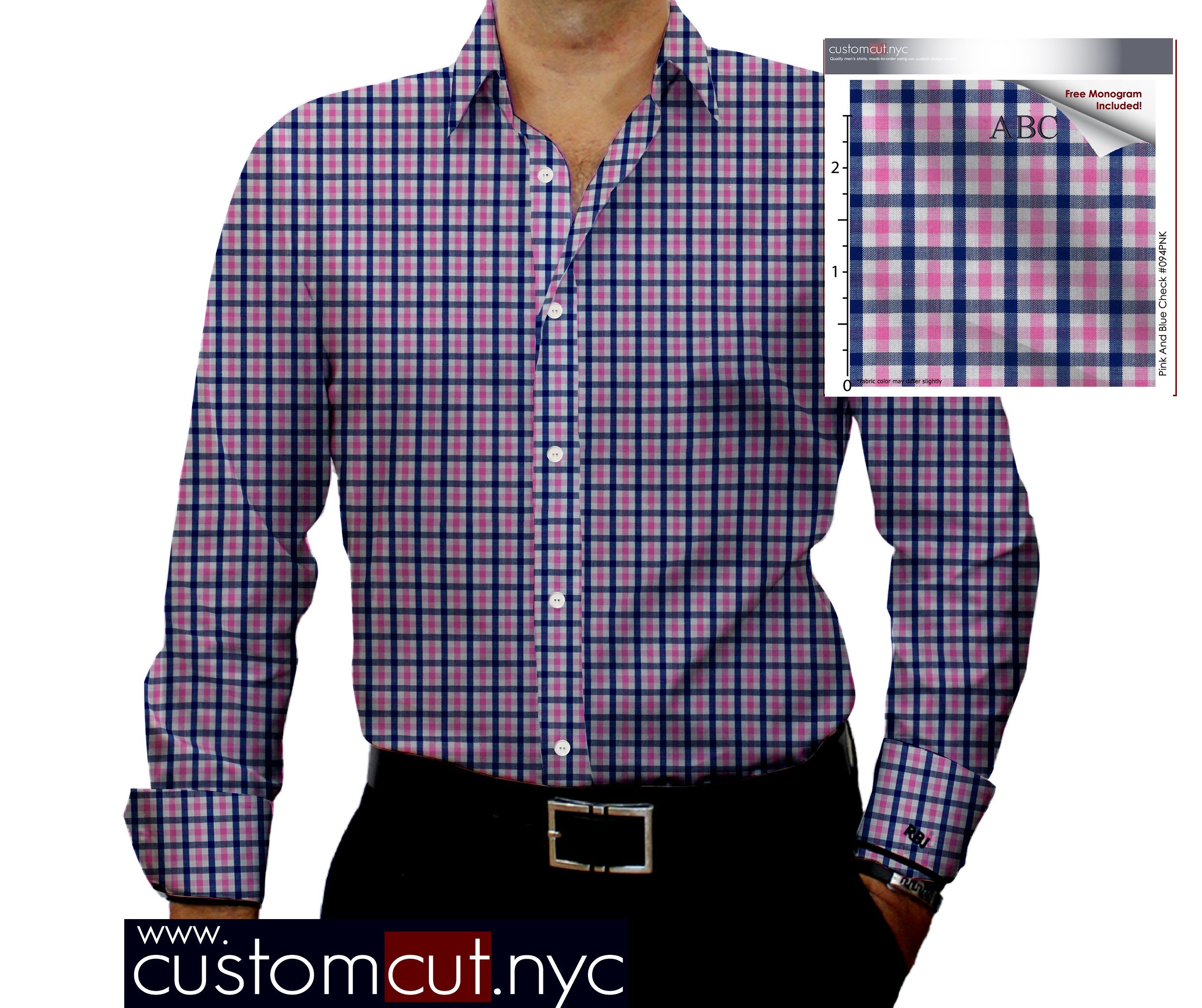 Super Soft Med Check Pink Fine Counts Cotton Custom Monogrammed Dress Shirt (#094PNK)