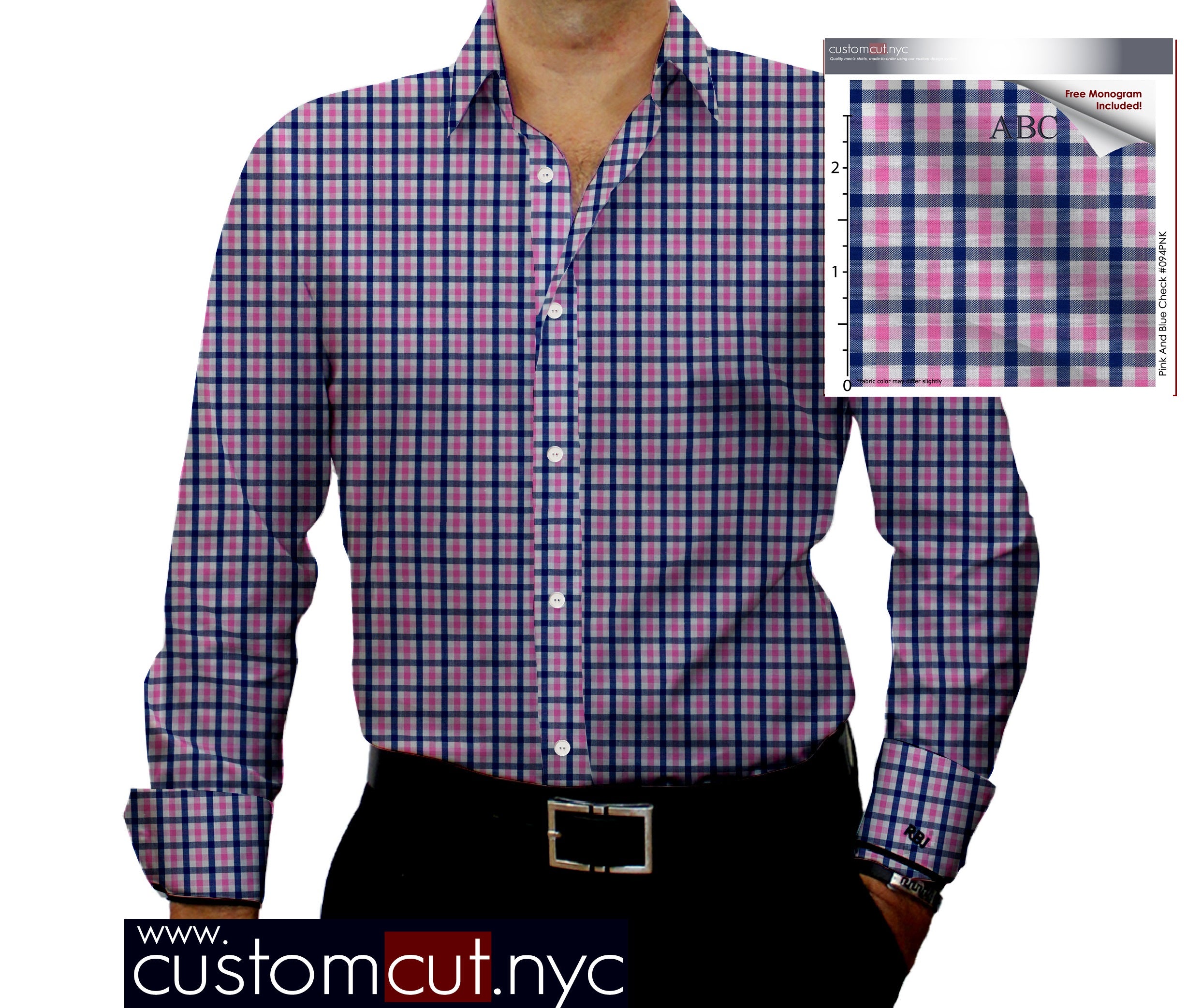 monogram dress shirts Super Soft Med Check Pink Fine Counts Cotton Custom Monogrammed Dress Shirt (#094PNK)