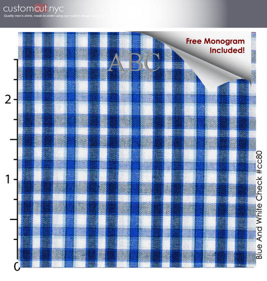 Blue White Hamilton Plaid #cc80, 100% Cotton, Men's Monogrammed Custom Tailored Dress Shirt