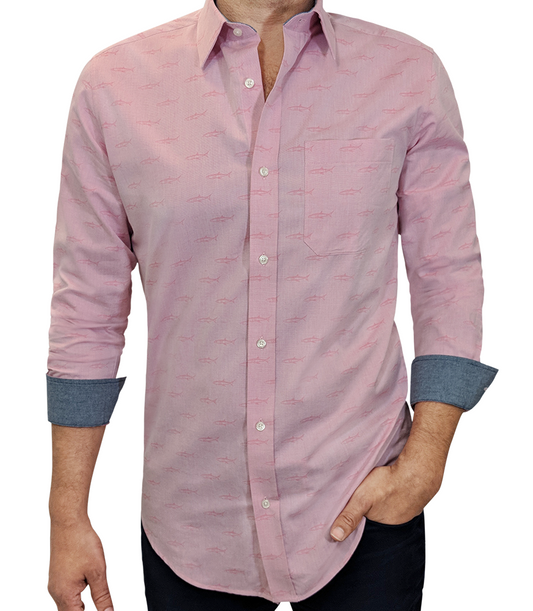 Pink Sharks on Mini Oxford #cc108, 100% Cotton, Men's Monogrammed Custom Tailored Shirt