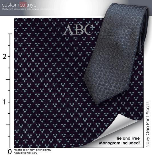 Tie Set, Navy Geo Print #cc14, 100% Cotton Men's Monogrammed Custom Dress Shirt.