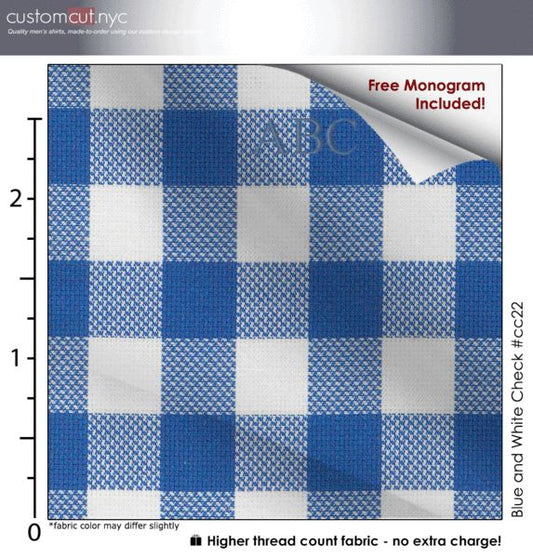Blue and White Check #cc22, 100% Cotton, Men's Monogrammed Custom Tailored Dress Shirt