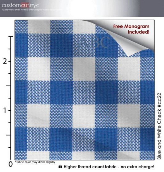 Blue and White Check #cc22, 100% Cotton, Men's Monogrammed Custom Tailored Dress Shirt