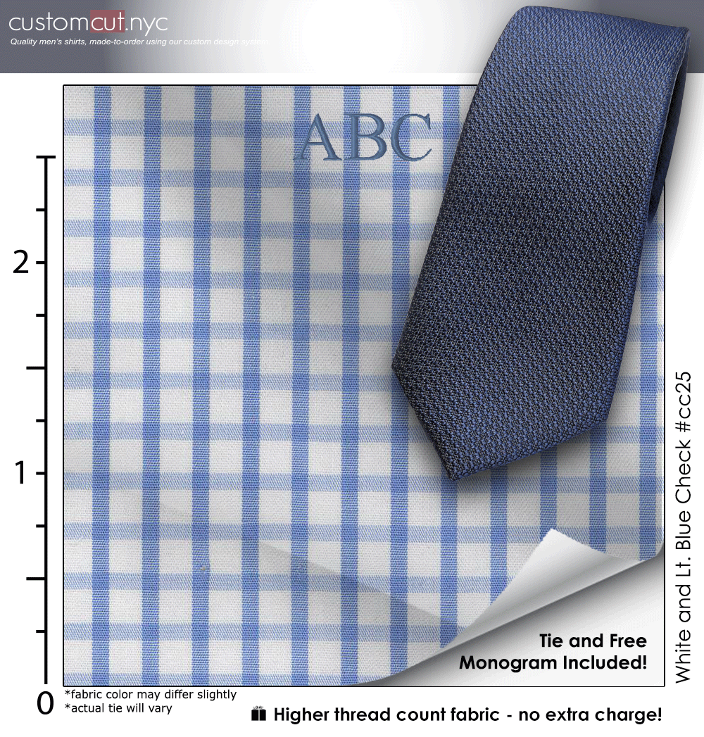 Tie Set, White and Lt. Blue Check #cc25, 100% Cotton Men's Monogrammed Custom Dress Shirt. Tie Set, White and Lt. Blue Check #cc25, 100% Cotton Men's Monogrammed Custom Dress Shirt.