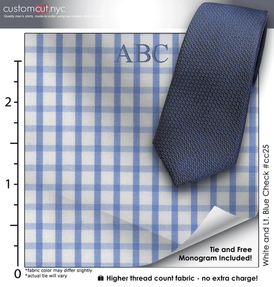 Tie Set, White and Lt. Blue Check #cc25, 100% Cotton Men's Monogrammed Custom Dress Shirt.