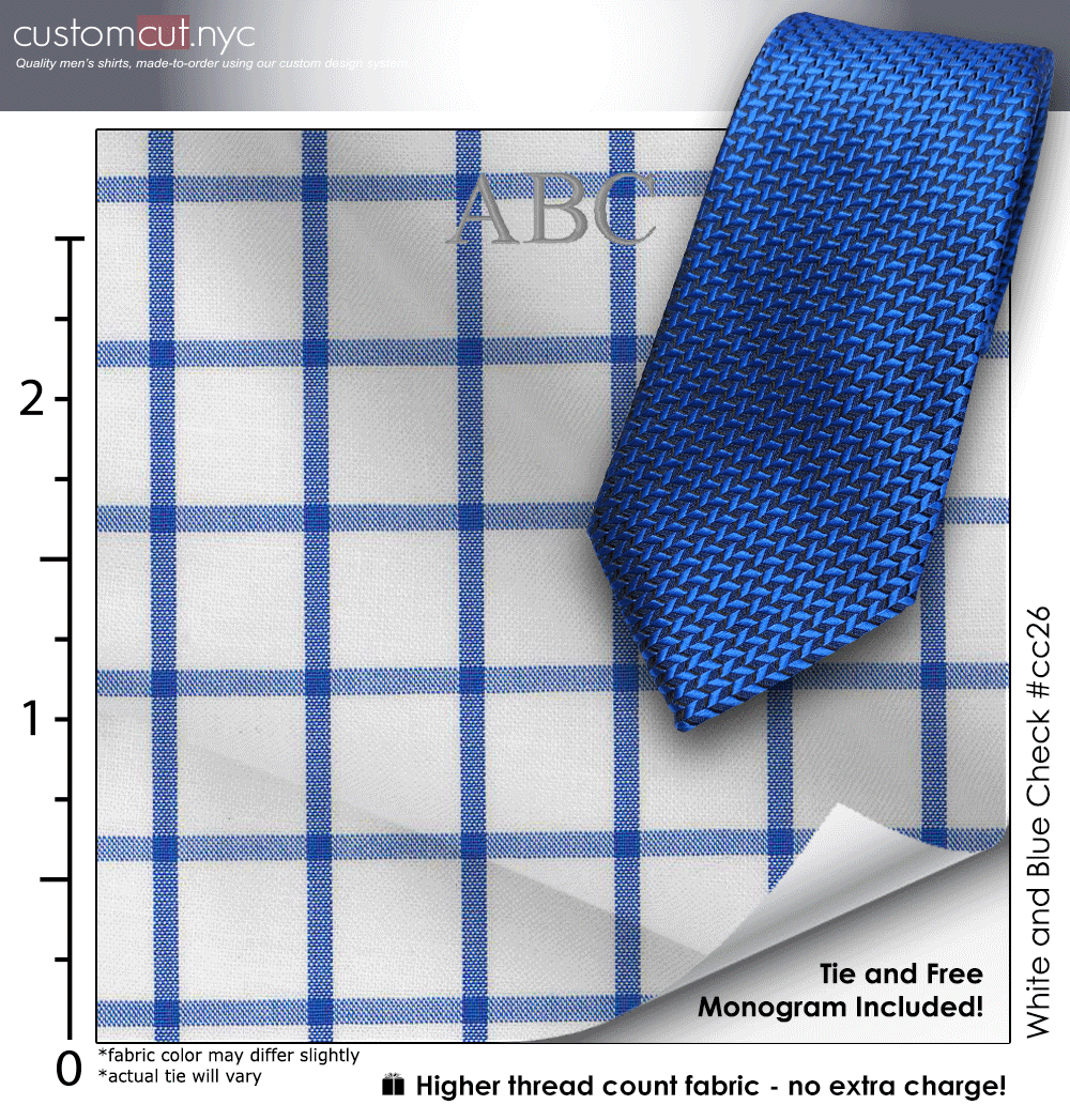 Tie Set, White and Blue Check #cc26, 100% Cotton Men's Monogrammed Custom Dress Shirt Tie Set, White and Blue Check #cc26, 100% Cotton Men's Monogrammed Custom Dress Shirt