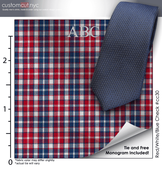 Tie Set, Red/White/Blue Check #cc30, 100% Cotton Men's Monogrammed Custom Dress Shirt.