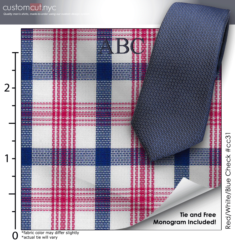 Tie Set, Red/White/Blue Check #cc31, 100% Cotton Men's Monogrammed Custom Dress Shirt. Blue Tie Set, Red/White/Blue Check #cc31, 100% Cotton Men's Monogrammed Custom Dress Shirt. Blue