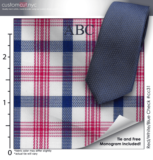 Tie Set, Red/White/Blue Check #cc31, 100% Cotton Men's Monogrammed Custom Dress Shirt.