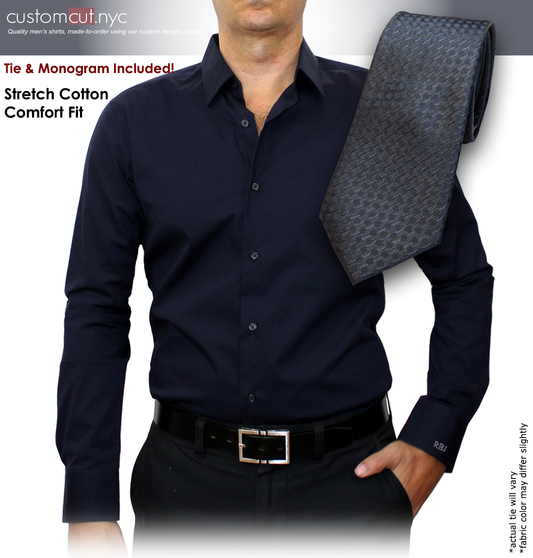 Tie Set, Navy Solid #cc38, Cotton Blend Men's Monogrammed Custom Dress Shirt.