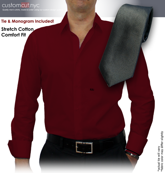 Tie Set, Dark Red Solid #cc42, 100% Cotton Men's Monogrammed Custom Dress Shirt.