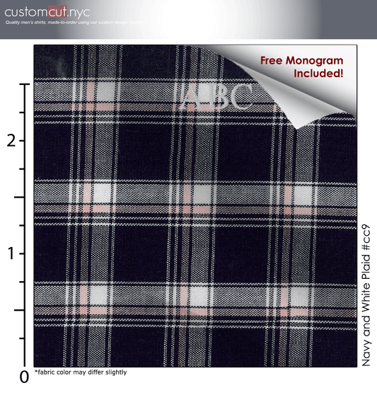 Navy and White Plaid #cc9, 100% Cotton, Men's Monogrammed Custom Tailored Dress Shirt
