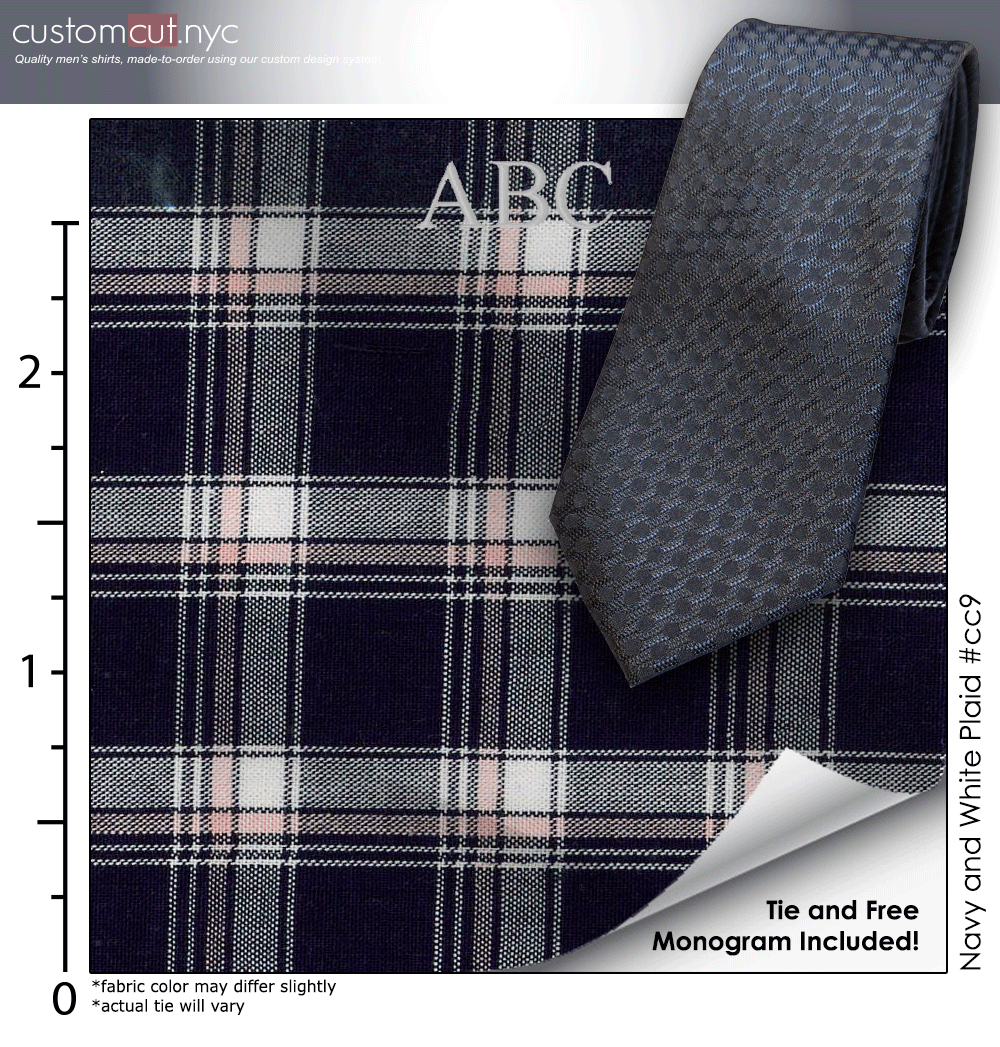 Tie Set, Navy and White Plaid #cc9, 100% Cotton Men's Monogrammed Custom Dress Shirt. Tie Set, Navy and White Plaid #cc9, 100% Cotton Men's Monogrammed Custom Dress Shirt.