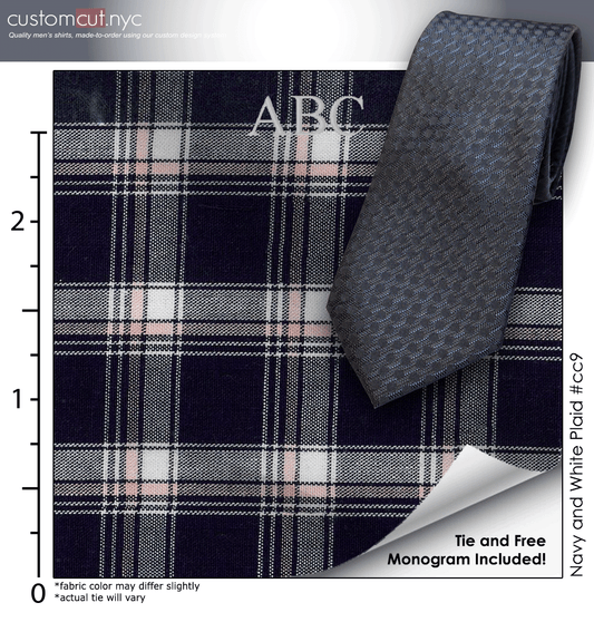 Tie Set, Navy and White Plaid #cc9, 100% Cotton Men's Monogrammed Custom Dress Shirt.