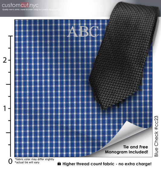 Tie Set, Blue Check #cc23, 100% Cotton Men's Monogrammed Custom Dress Shirt.