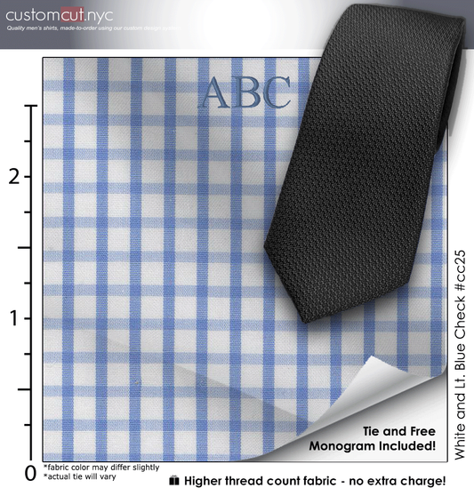 Tie Set, White and Lt. Blue Check #cc25, 100% Cotton Men's Monogrammed Custom Dress Shirt.