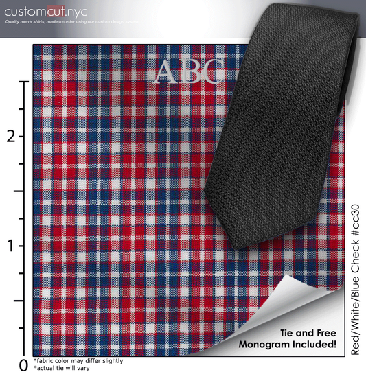 Tie Set, Red/White/Blue Check #cc30, 100% Cotton Men's Monogrammed Custom Dress Shirt.