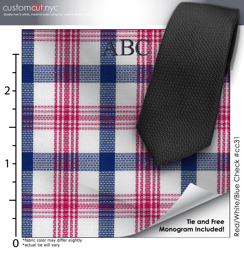 Tie Set, Red/White/Blue Check #cc31, 100% Cotton Men's Monogrammed Custom Dress Shirt.