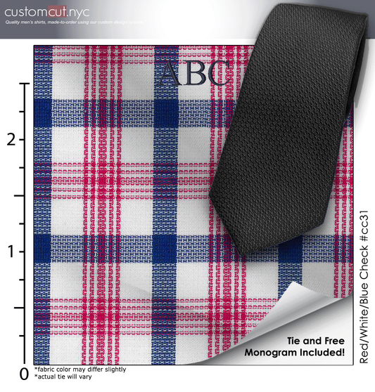 Tie Set, Red/White/Blue Check #cc31, 100% Cotton Men's Monogrammed Custom Dress Shirt.