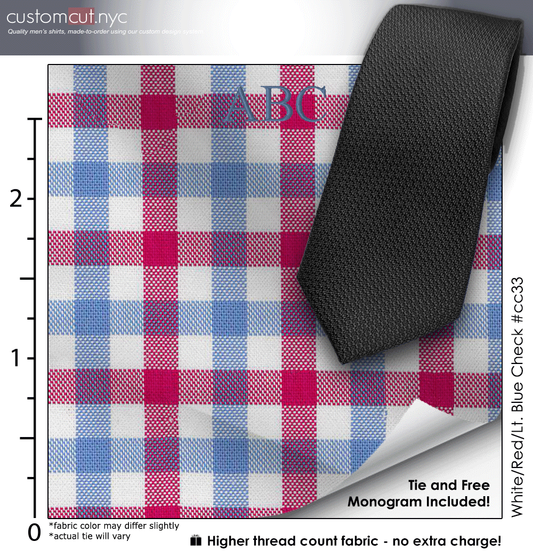 Tie Set, White/Red/Lt. Blue Check #cc33, 100% Cotton Men's Monogrammed Custom Dress Shirt.
