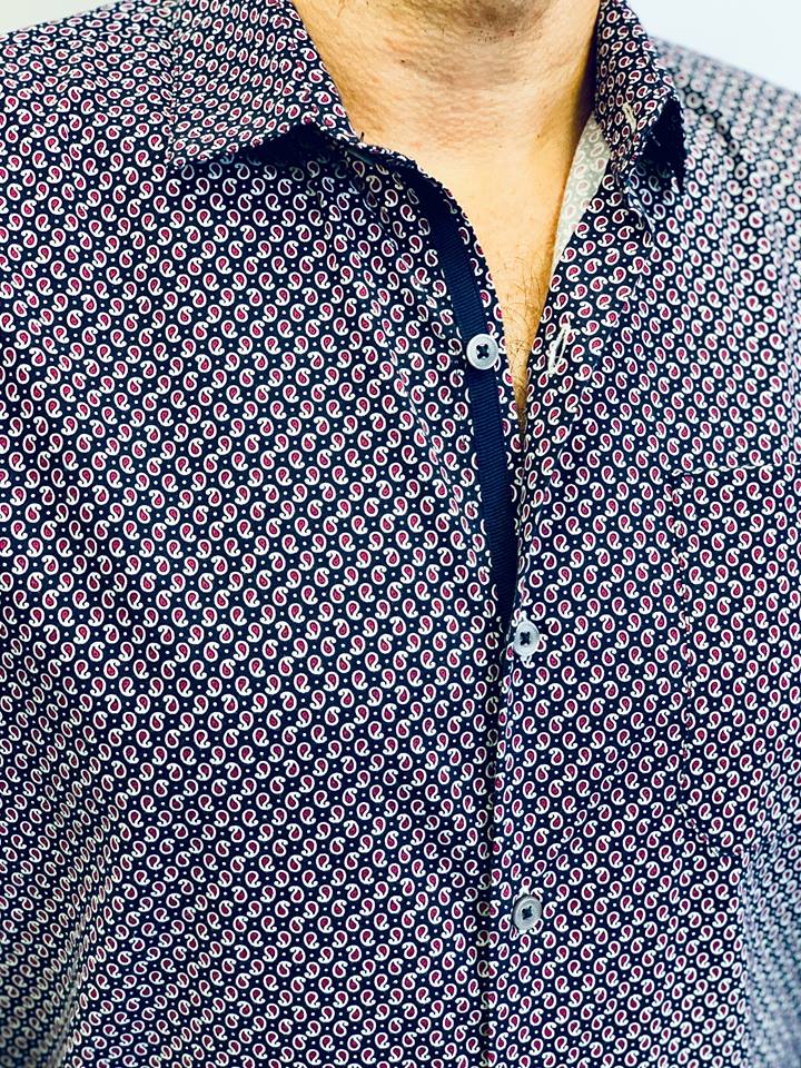 Long Sleeve Printed Woven Shirt Navy/Fuchsia (A18)