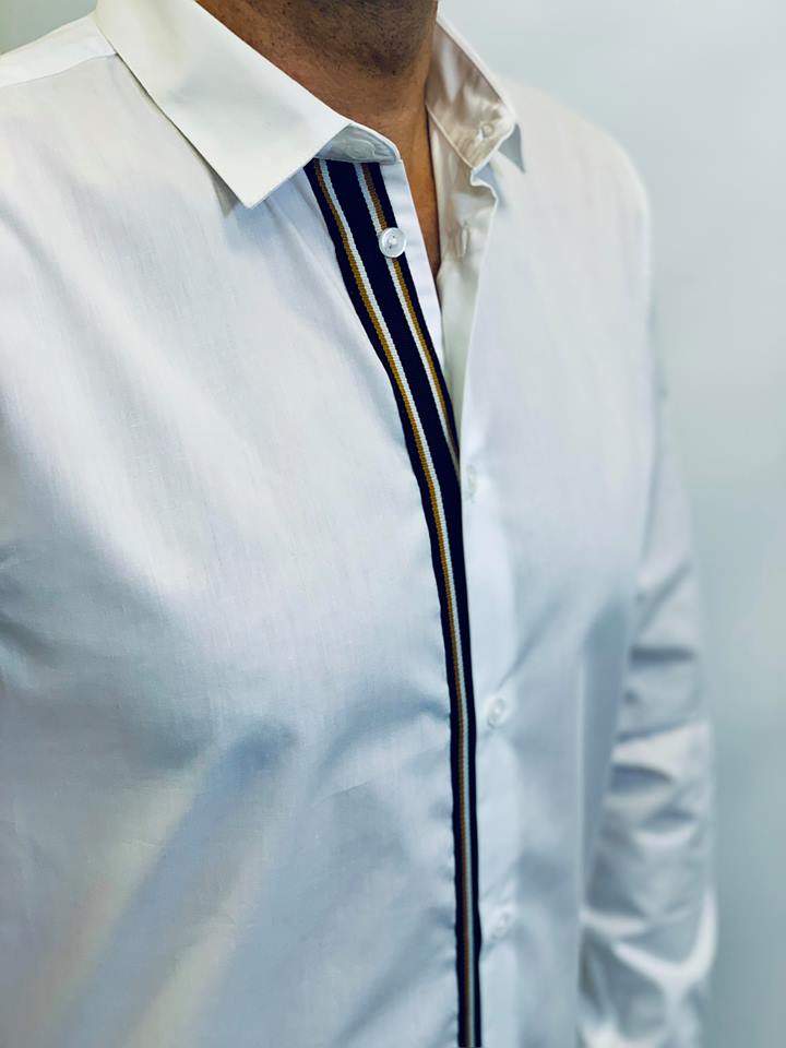 Long Sleeve Solid White Woven Shirt With Stripe Placket