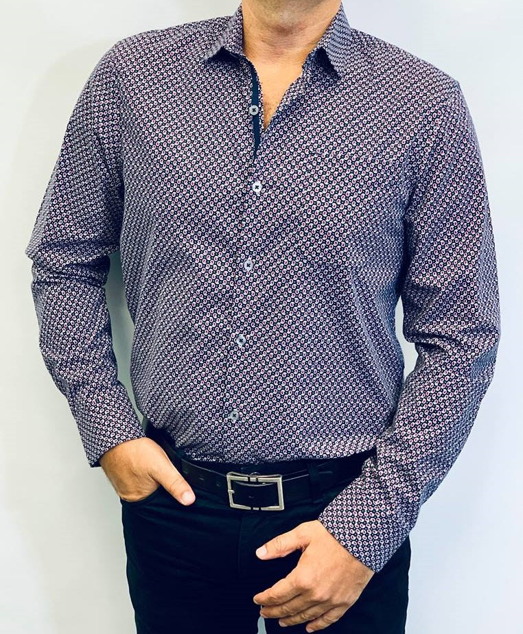 Long Sleeve Printed Woven Shirt Navy/Fuchsia (A18)