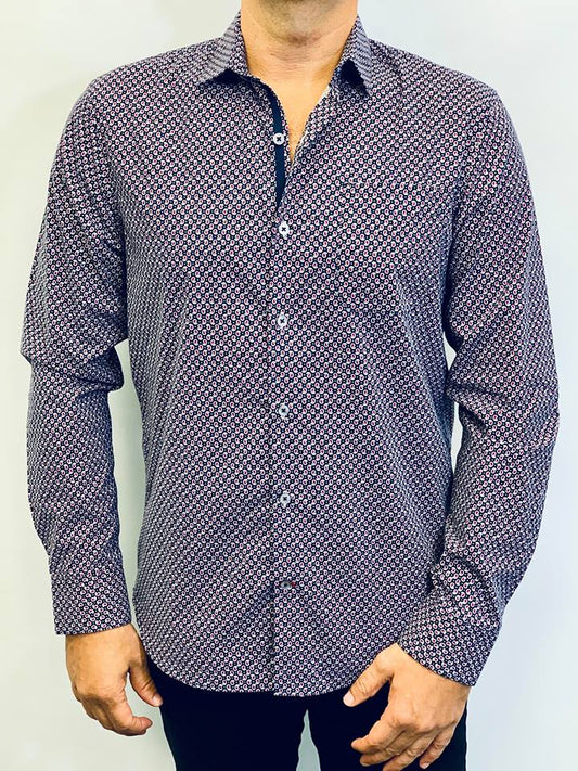 Long Sleeve Printed Woven Shirt Navy/Fuchsia (A18)