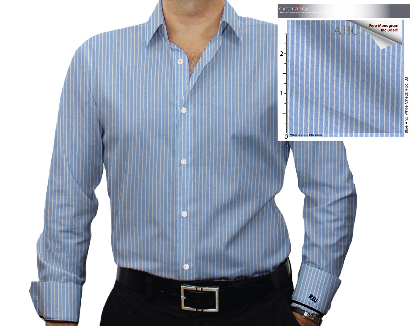 High Counts Sateen Finish  Light Blue Stripe Monogrammed Custom Tailored Shirt(CC133)