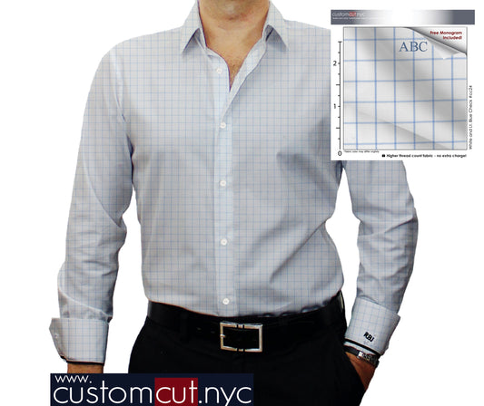 White and Lt. Blue Check #cc24, 100% Cotton Men's Monogrammed Custom Dress Shirt.