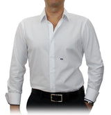 Easy Care White Solid Stretch Cotton Blend #cc68, Monogrammed Men's Custom Tailored Dress Shirt gs