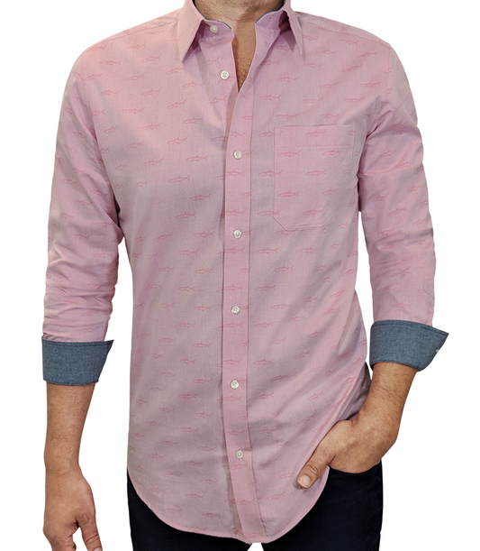 Pink Sharks on Mini Oxford #cc108, 100% Cotton, Men's Monogrammed Custom Tailored Shirt gs