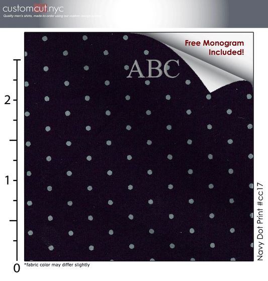 Navy Dot Print #cc17, 100% Cotton, Men's Monogrammed Custom Tailored Dress Shirt