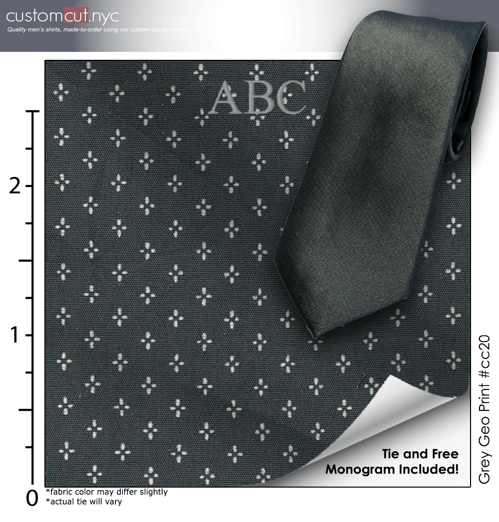 Tie Set, Grey Geo Print #cc20, 100% Cotton Men's Monogrammed Custom Dress Shirt.