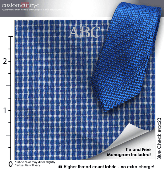 Tie Set, Blue Check #cc23, 100% Cotton Men's Monogrammed Custom Dress Shirt.