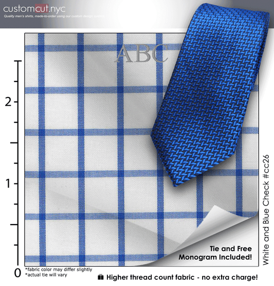 Tie Set, White and Blue Check #cc26, 100% Cotton Men's Monogrammed Custom Dress Shirt.