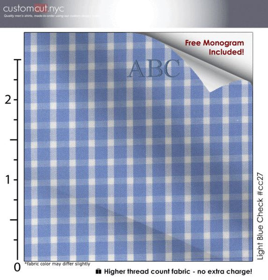 Light Blue Check #cc27, 100% Cotton, 100% Cotton, Men's Monogrammed Custom Tailored Dress Shirt gs