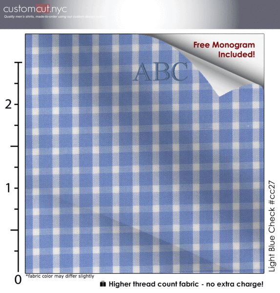 Light Blue Check #cc27, 100% Cotton, 100% Cotton, Men's Monogrammed Custom Tailored Dress Shirt