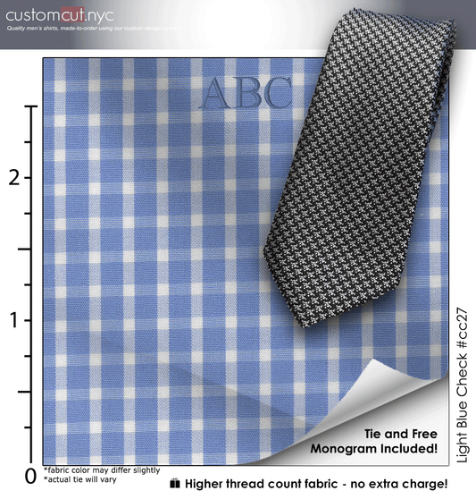 Tie Set, Light Blue Check #cc27, 100% Cotton Men's Monogrammed Custom Dress Shirt.
