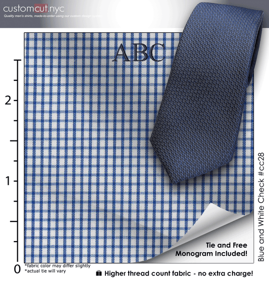 Tie Set, Blue and White Check #cc28, Men's Custom Dress Shirt.
