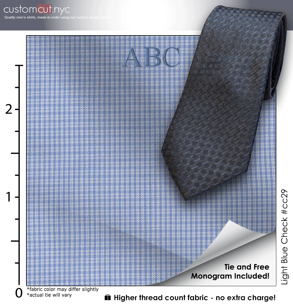 Tie Set, Light Blue Check #cc29, 100% Cotton Men's Monogrammed Custom Dress Shirt.
