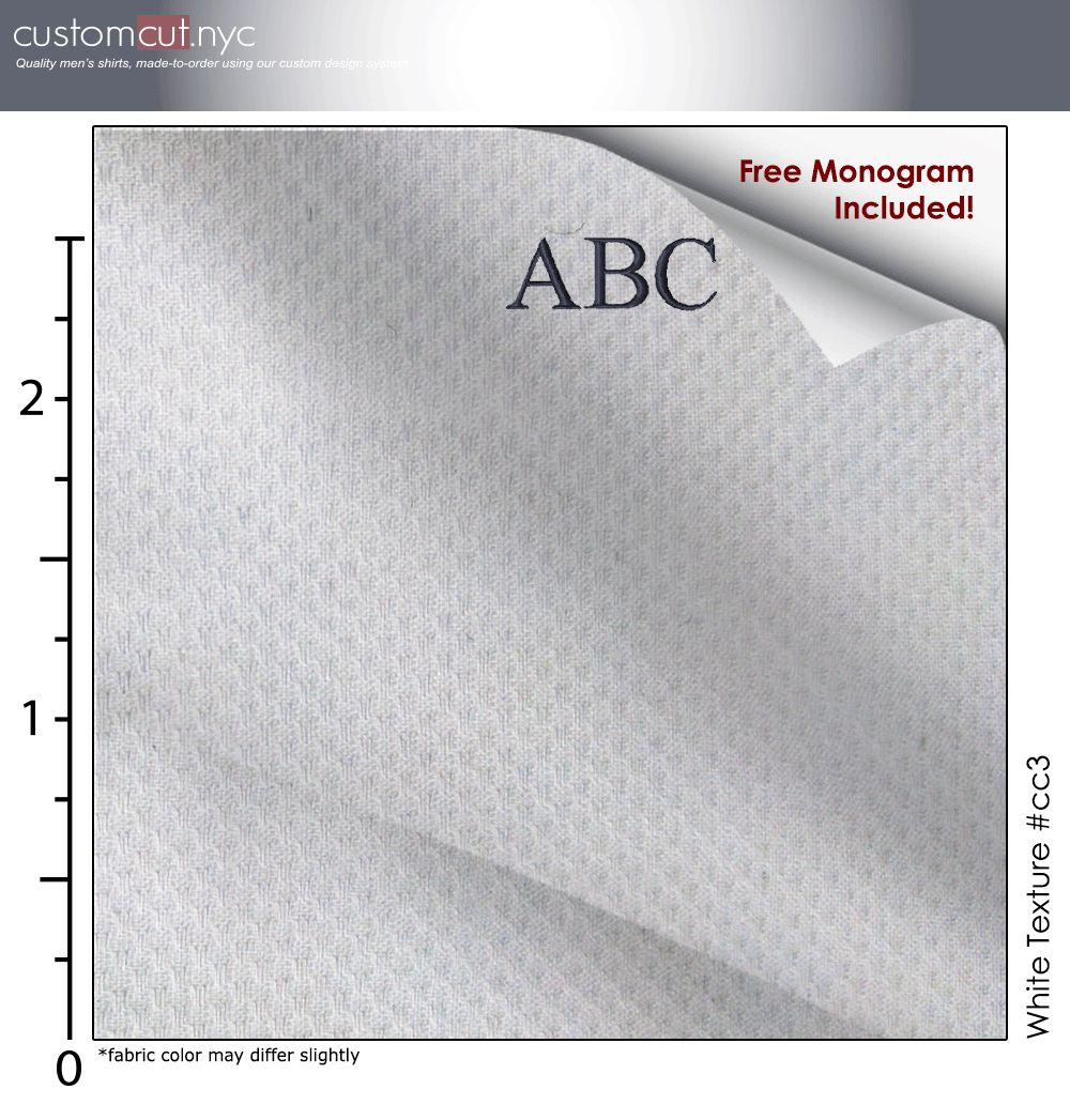 White Texture #cc3, 100% Cotton, Men's Monogrammed Custom Tailored Dress Shirt