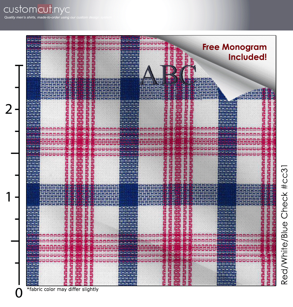 Red/White/Blue Check #cc31, 100% Cotton, Men's Monogrammed Custom Tailored Dress Shirt gs