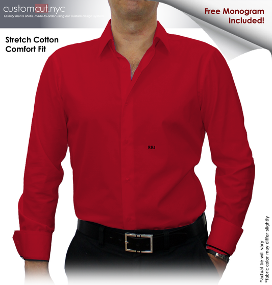 Red Solid Stretch Cotton #cc41, 97% Cotton 3% Lycra, Men's Monogrammed Custom Tailored Dress Shirt