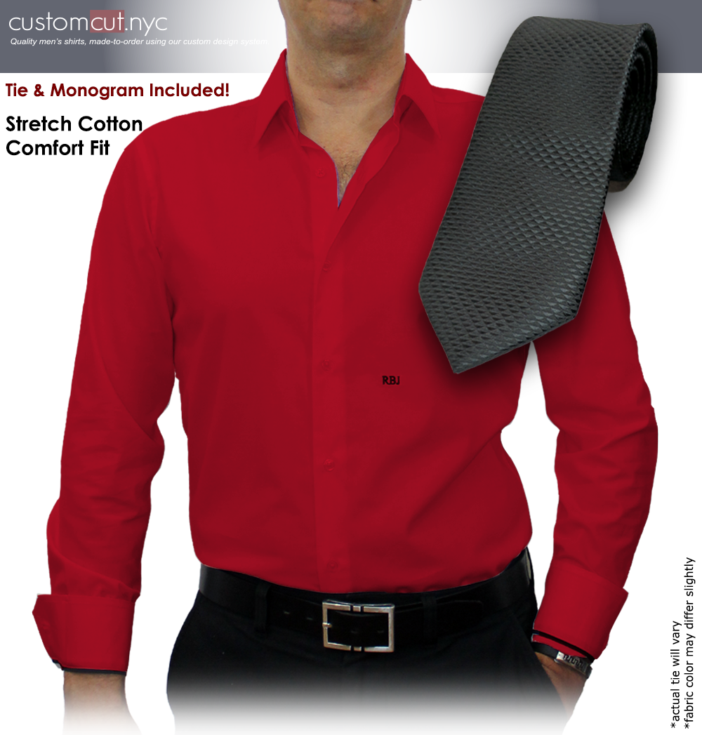 Tie Set, Red Solid #cc41, 100% Cotton Men's Monogrammed Custom Dress Shirt.