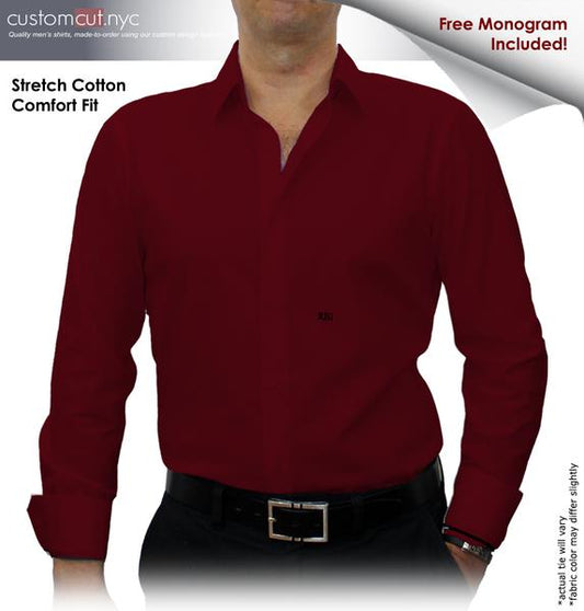 Dark Red Solid Stretch Cotton #cc42, 97% Cotton 3%Lyrca, Men's Monogrammed Custom Tailored Dress Shirt gs